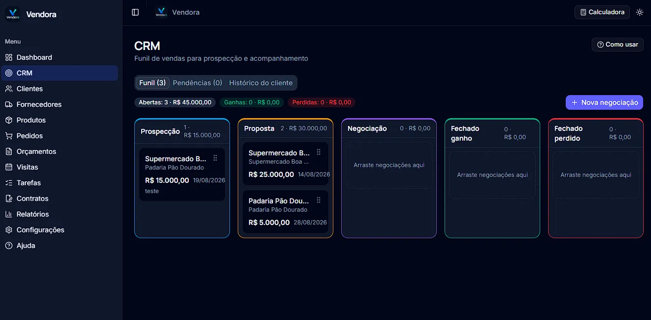 Tela do CRM com funil de vendas do Vendora