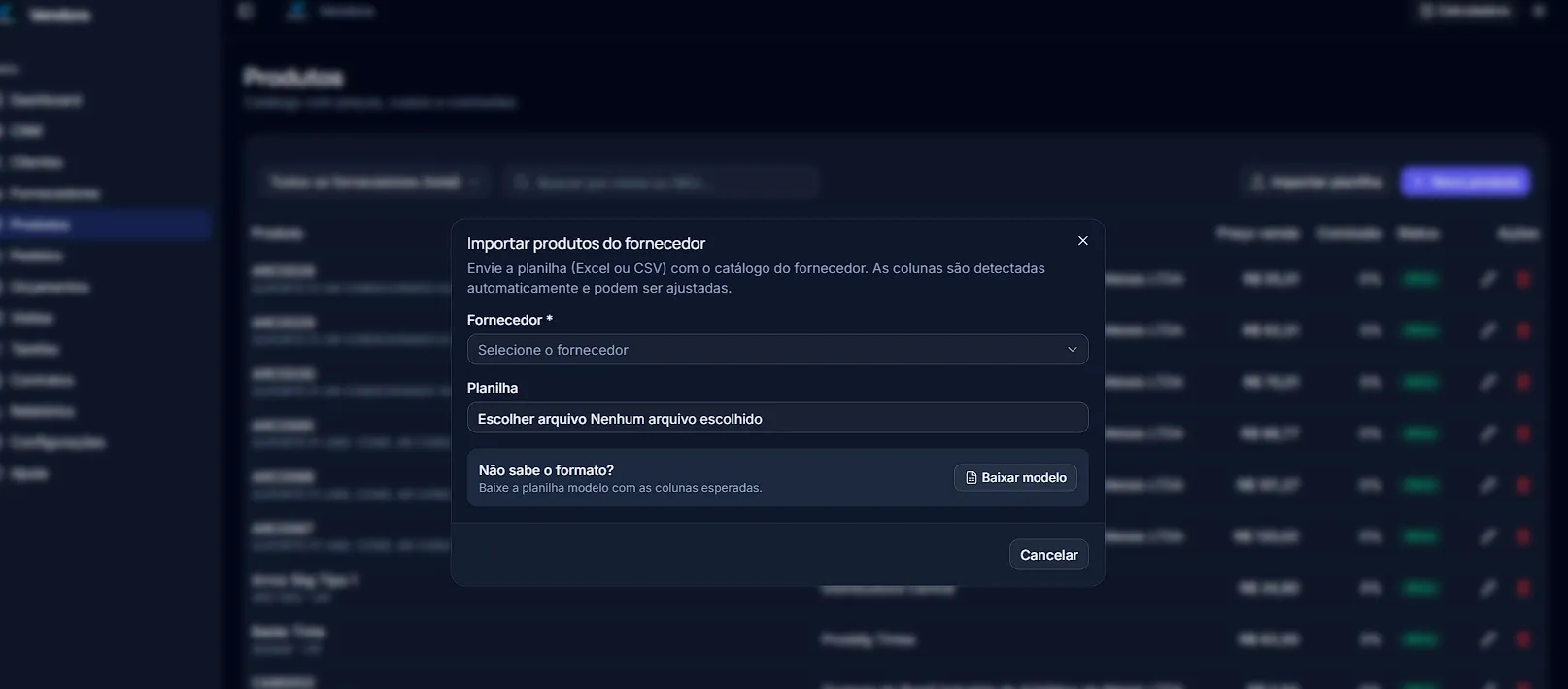 Tela de importação de planilha do Vendora